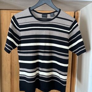 Forte Short Sleeve Luxurious Cashmere & Silk Blend Striped Black/Gray Knit Top,S